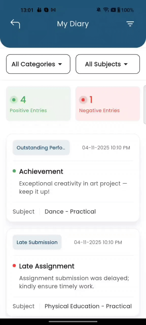 Diary Display in App